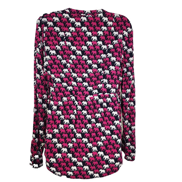 Crown & Ivy Shirt Womens Small Navy Pink Elephant Print Pleated Long Tab Sleeve - Picture 2 of 8